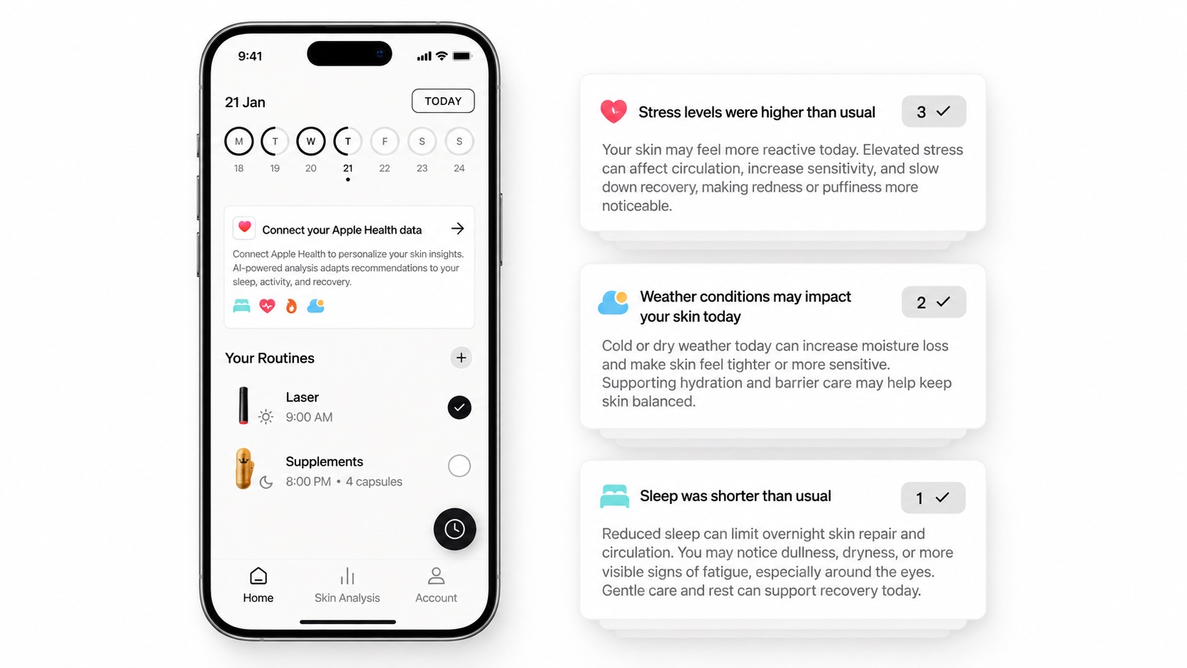 Головний із карткою Apple Health і три щоденні інсайти: стрес, погода, сон