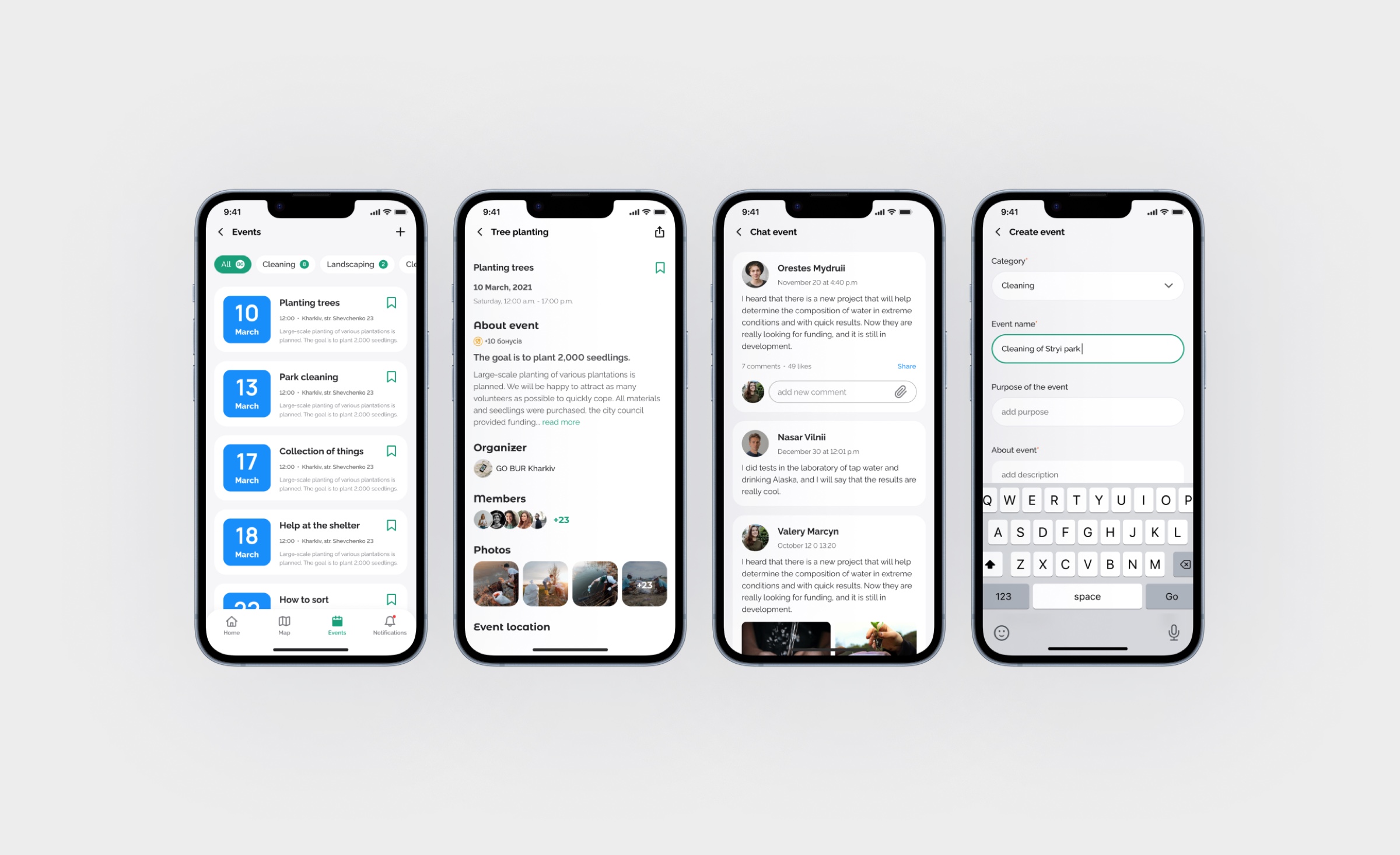 Events: join one or create your own, with chat and photos