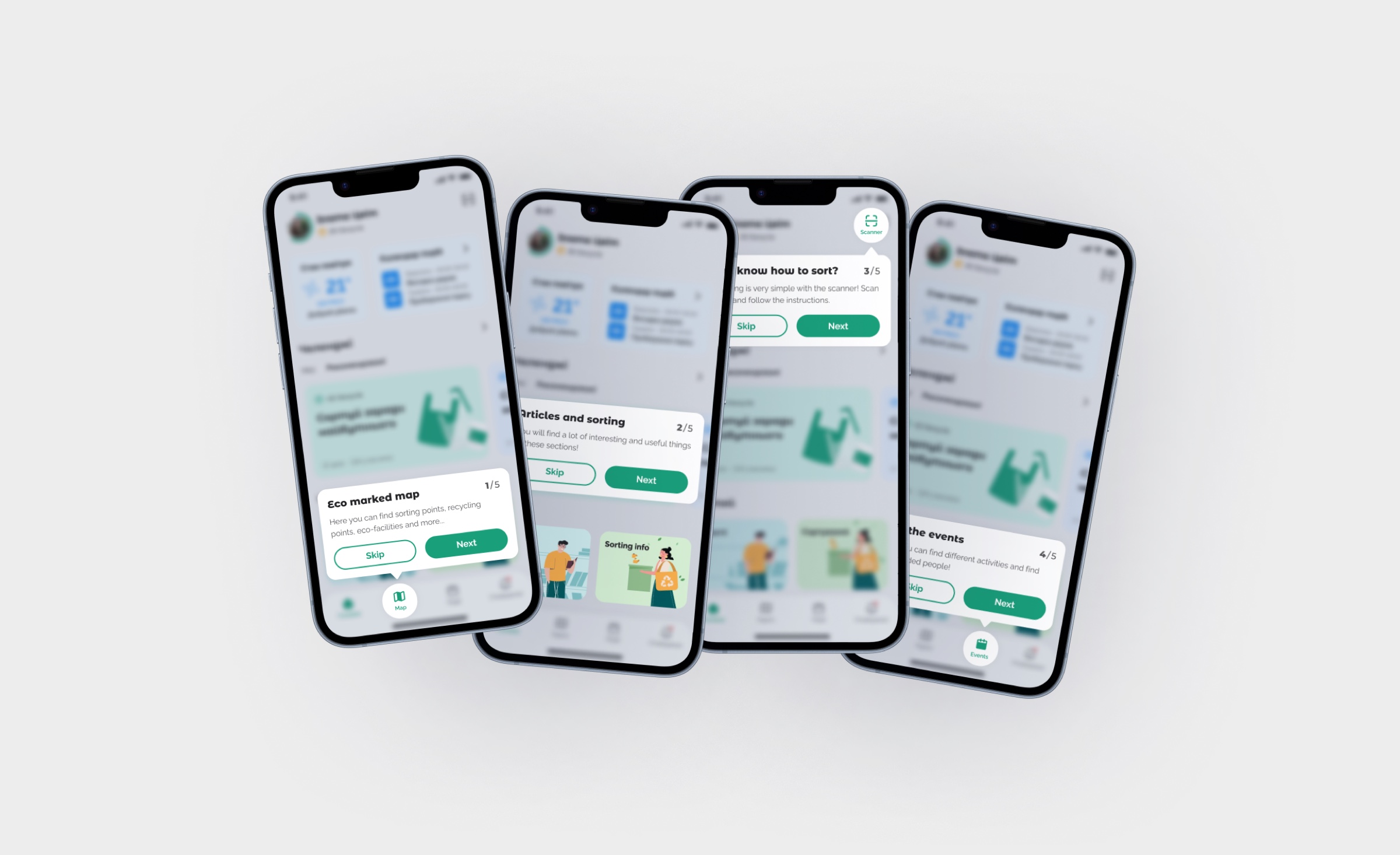 Onboarding: five steps through the app