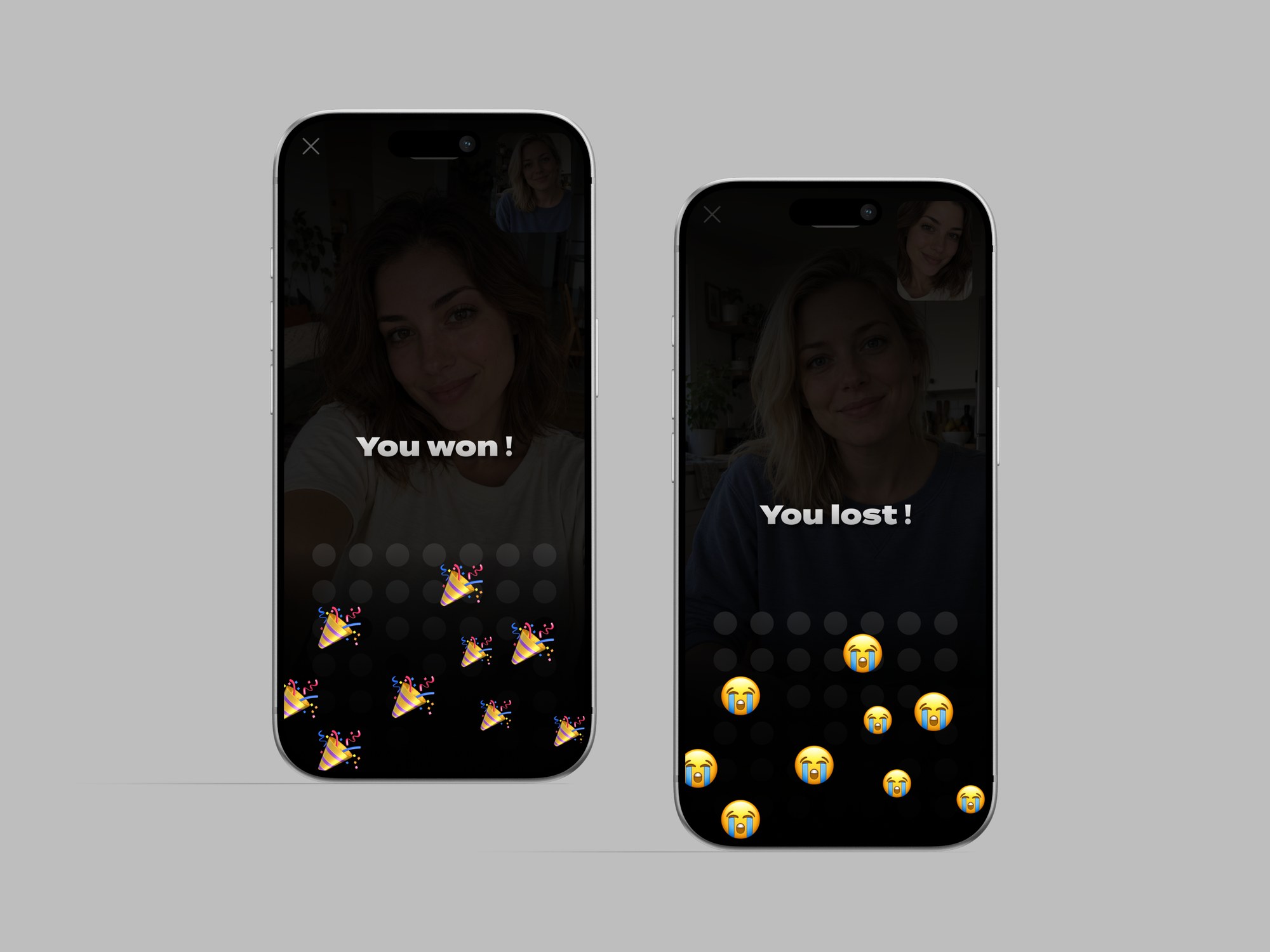 You won and you lost screens with emoji rain