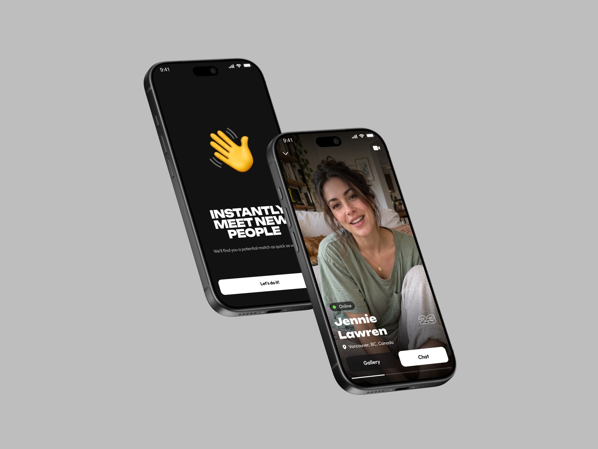The welcome screen and a profile card with Gallery and Chat
