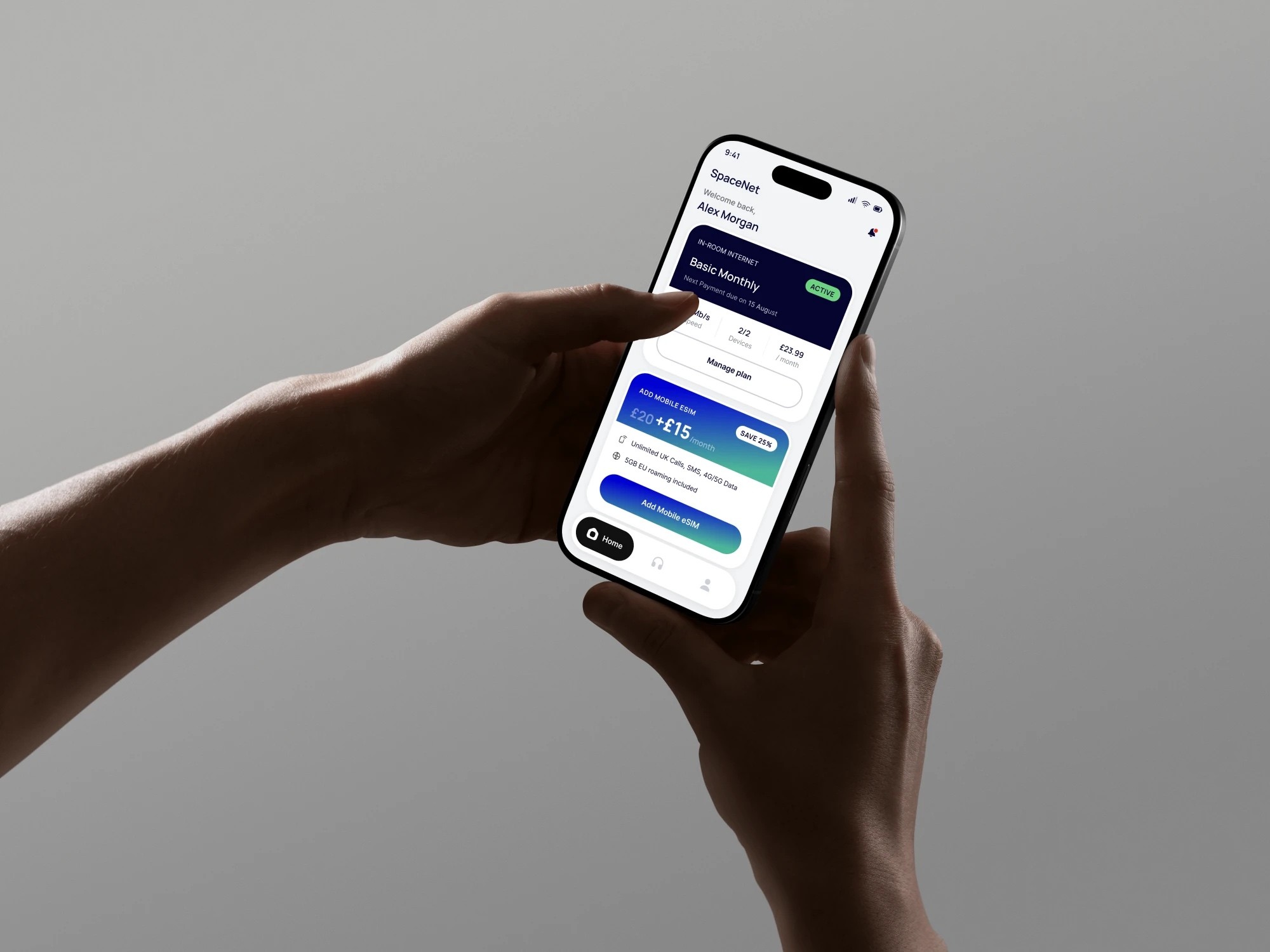 Home, Support, Account: the three tabs the product actually needs; plans are a journey through them, not a fourth place