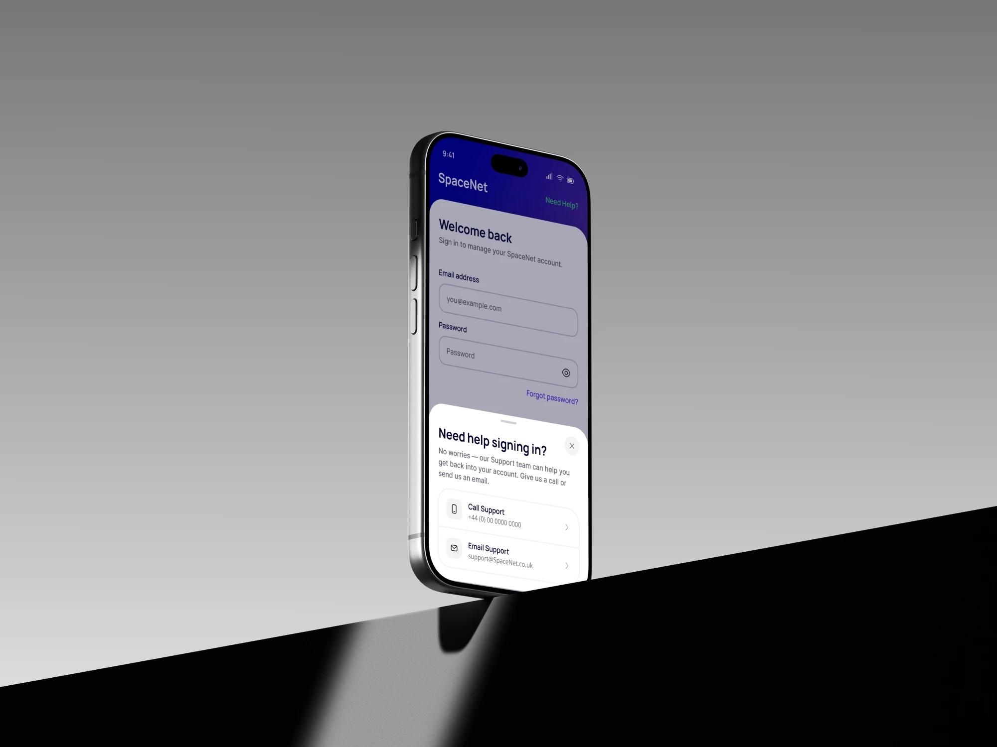 Help on the sign-in screen: phone and email in a sheet over the form, before there is any account to reach it from
