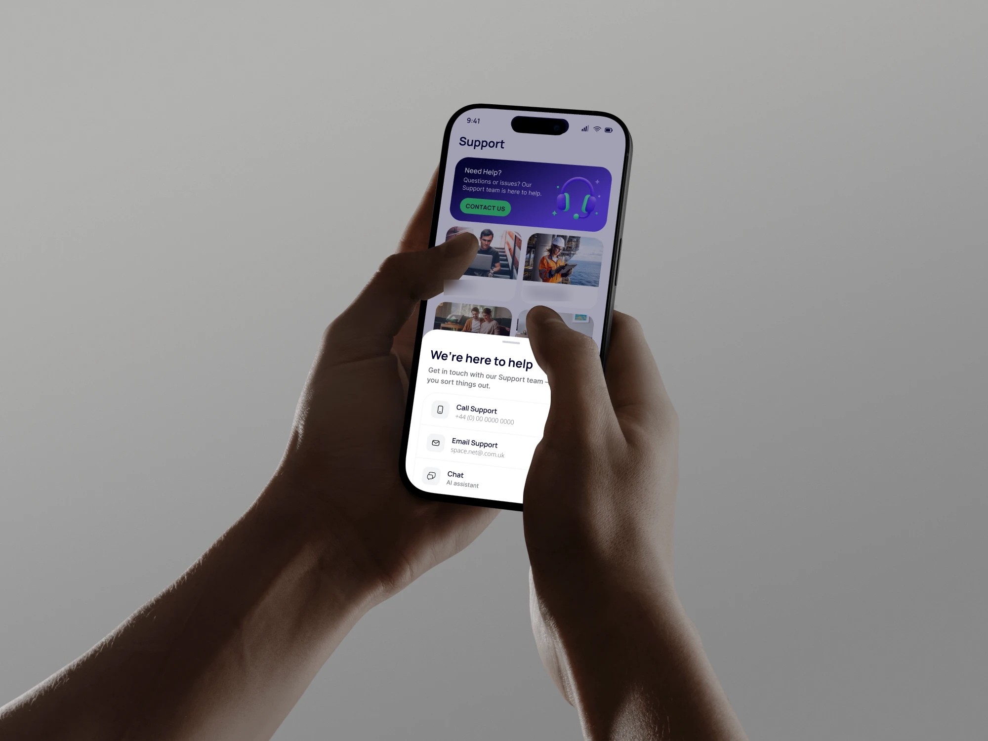 The Support tab, with the ways to reach a person in a sheet over it: phone, email, and the assistant